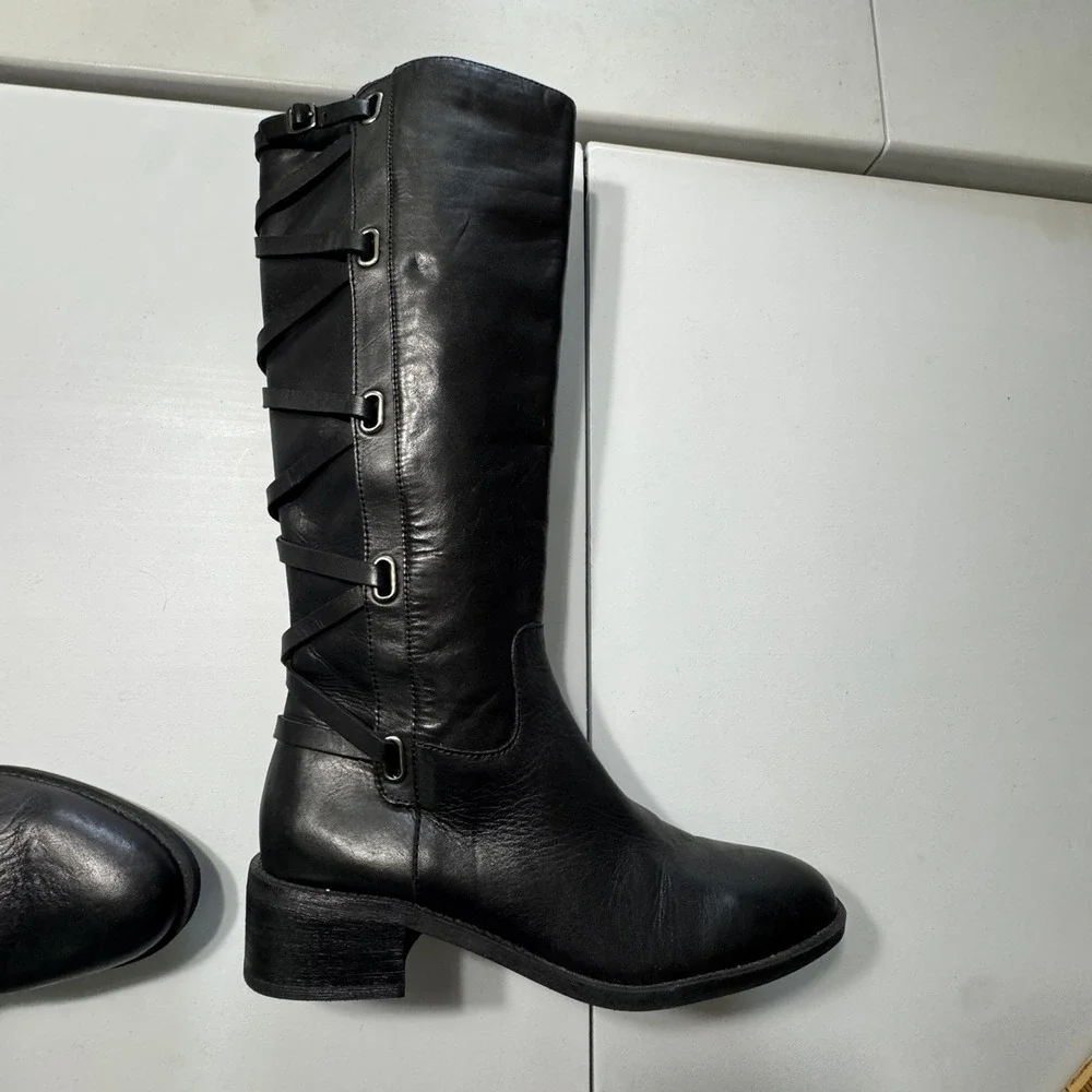 BCBGeneration Tall Boots Womens 9 Black Leather Lace Back Edgy Goth BG-MALLORY